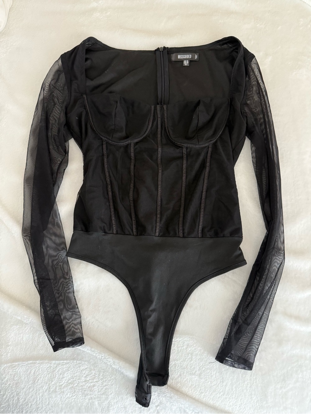 Missguided Black Sheer Mesh Long Sleeve Corset Bodysuit
